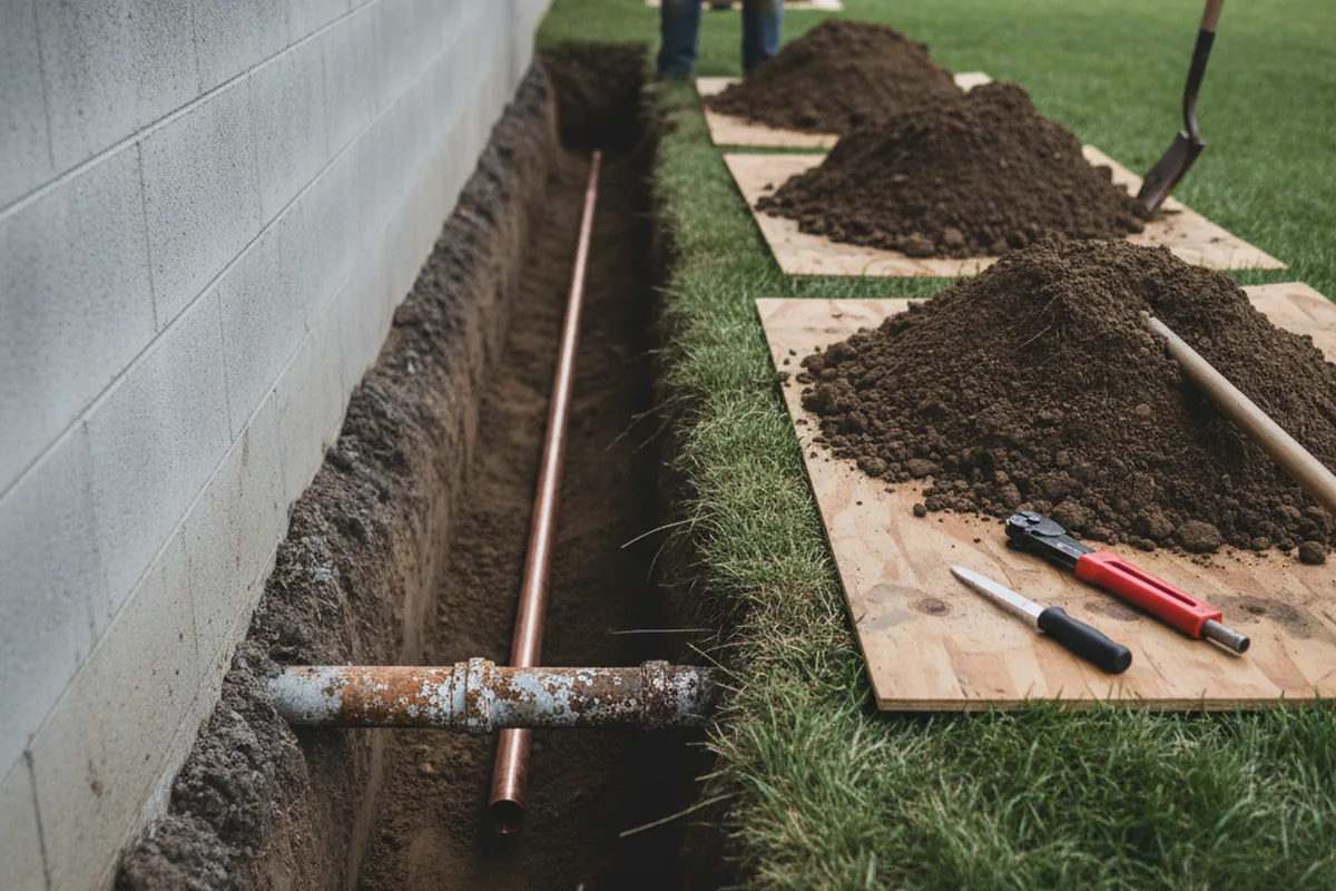 Excavated water line trench during Water Softener Installation in East Templeton